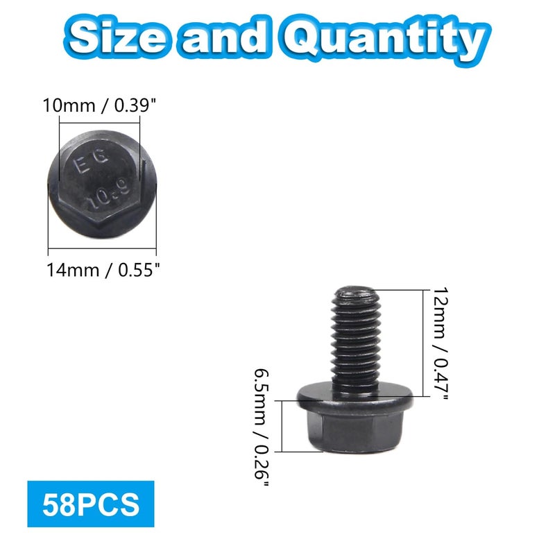 Yinpecly M6-1.0 x 12mm Flanged Hex Head Bolts Flange Hexagon Screws, External Flange Hex Drive Screws,Class 10.9 Black Finish,Alloy Steel, Fully Threaded, 58 PCS - Image 2